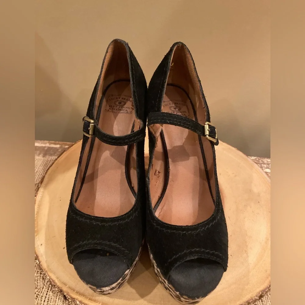 Lucky Brand Neece Womens 8M Black Peep Toe Suede Platform‎ Hi Heels Leopa…